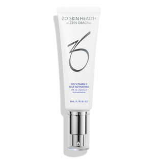 A white tube labeled "ZO Skin Health by Zein Obagi MD, 10% Vitamin C Self-Activating," with a silver pump and cap, containing 50 ml or 1.7 fl. oz. of product