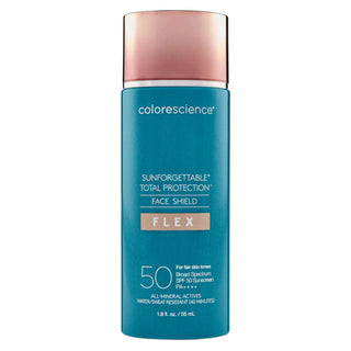 A blue tube labeled "Colorescience, Sunforgettable Total Protection - Face Shield Flex - Broad Spectrum SPF 50 Sunscreen," containing 55 ml or 1.8 fl. oz. of product