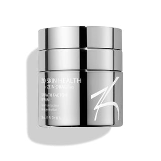 A silver container labeled "ZO Skin Health by Zein Obagi MD, Growth Factor Serum," with a silver lid, containing 30 ml or 1 fl. oz. of product