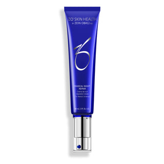 A blue tube labeled "ZO Skin Health by Zein Obagi MD, Radical Night Repair," with a silver pump and cap, containing 60 ml or 2 fl. oz. of product