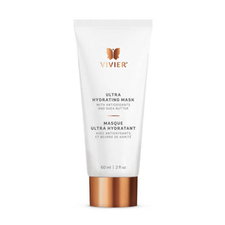 A white tube labeled "VIVIER, Ultra Hydrating Mask with Antioxidants and Shea Butter,” with a rose gold cap, containing 60 ml or 2 fl. oz. of product