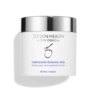 A white container labeled "ZO Skin Health by Zein Obagi MD, Complexion Renewal Pads," with a silver top, containing 60 pads