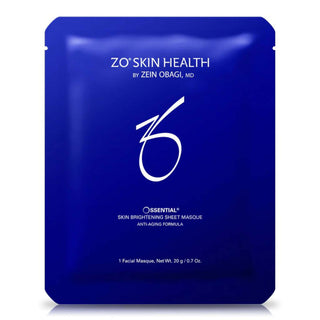 Blue packet labelled "ZO Skin Health by Zein Obagi MD, Ossential Skin Brightening Sheet Masque - Anti-Aging Formula," containing 1 facial masque, net wt. 20 g / 0.7 Oz.