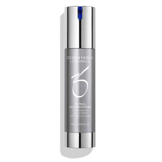 A silver bottle labeled "ZO Skin Health by Zein Obagi MD, Retinol Skin Brightener 0.25% Retinol," with a silver pump cap, containing 50 ml or 1.7 fl. oz. of product