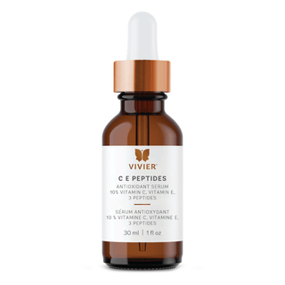 A brown glass bottle labeled "VIVIER, C E PEPTIDES (Antioxidant Serum; 10% Vitamin C, Vitamin E, 3 Peptides),” with a rose gold dropper top, containing 30 ml or 1 fl. oz. of product