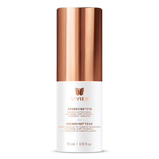 A white bottle labeled "VIVIER, Grenzcine Eye - Growth Factor Cream," with a rose gold cap, containing 15 ml or 0.5 fl. oz. of product