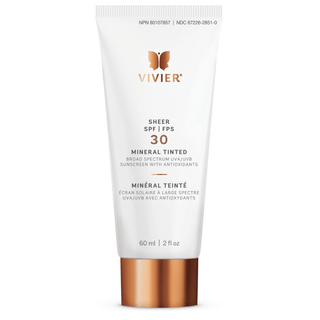 A white tube labeled "VIVIER, Sheer SPF 30 Mineral Tinted Broad Spectrum UVA/UVB Sunscreen with Antioxidants,” with a rose gold cap, containing 60 ml or 2 fl. oz. of product