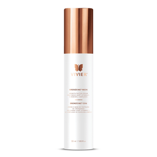 A white bottle labeled "VIVIER, Grenzcine Neck - Growth Factor Cream," with a rose gold cap, containing 55 ml or 1.83 fl. oz. of product