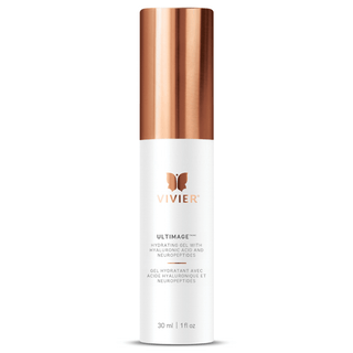 A white bottle labeled "VIVIER, Ultimage Hydrating Gel with Hyaluronnic Acid and Neuropeptides,” with a rose gold cap, containing 30 ml or 1 fl. oz. of product