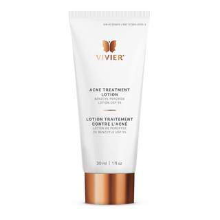 A white tube labeled "VIVIER, Acne Treatment Lotion (Benzoyl Peroxide Lotion USP 5%)," with a rose gold cap, containing 30 ml or 1 fl. oz. of product