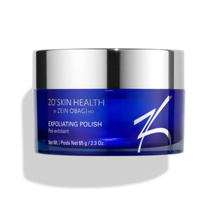 A blue container labeled "ZO Skin Health by Zein Obagi MD, Exfoliating Polish," with a silver lid, containing 65 g or 2.3 Oz. of product