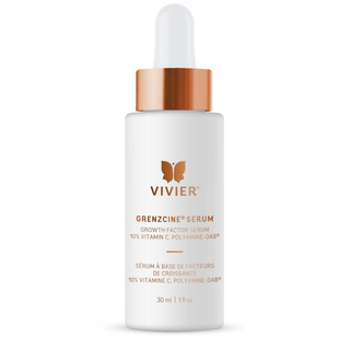 A white bottle labeled "VIVIER, Grenzcine Serum (Growth Factor Serum 10% Vitamin C, Polyamine-DAB),” with a rose gold cap dropper lid, containing 30 ml or 1 fl. oz. of product