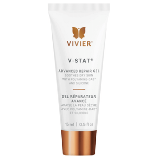 A white tube labeled "VIVIER, V-STAT Advanced Repair Gel - Soothes Dry Skin with Polyamine-DAB and Silicone,” with a rose gold cap, containing 15 ml or 0.5 fl. oz. of product