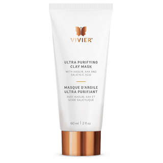 A white tube labeled "VIVIER, Ultra Purifying Clay Mask with Kaolin, AHA and Salicylic Acid,” with a rose gold cap, containing 60 ml or 2 fl. oz. of product