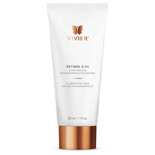 A white tube labeled "VIVIER, Retinol 0.3%,” with a rose gold cap, containing 30 ml or 1 fl. oz. of product