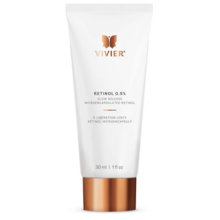 A white tube labeled "VIVIER, Retinol 0.5%,” with a rose gold cap, containing 30 ml or 1 fl. oz. of product