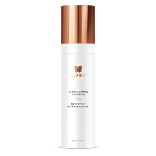 A white bottle labeled "VIVIER, Ultra Foaming Cleanser,” with a rose gold cap, containing 150 ml or 5 fl. oz. of product