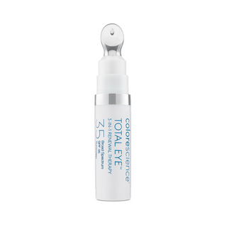 A white tube labeled "Colorescience, Total Eye 3-In-1 Renewal Therapy, Broad Spectrum SPF 35, Sunscreen," with a silver top, containing 7 ml or 0.23 fl. oz. of product