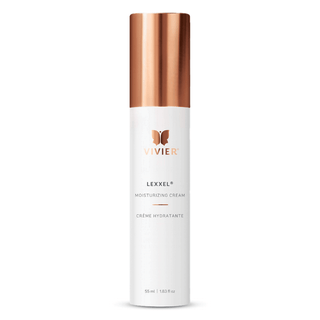 A white bottle labeled "VIVIER, LEXXEL - Moisturizing Cream," with a rose gold cap, containing 55 ml or 1.83 fl. oz. of product