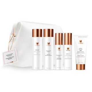 A collection of VIVIER products including a HEXAM® Gentle Cleanser, Refreshing Toner, Redness Solution Complex, DERMA-V, and Sheer SPF 30 Mineral Tinted Sunscreen, neatly arranged with in white VIVIER cosmetic bag with a rose gold zipper.