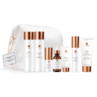 A collection of VIVIER products including a HEXAM® Gentle Cleanser, Refreshing Toner, GrenzCine ® Eye Serum, QuintiSerum ™ Antioxidant Serum, 1% Retinol, Daily Age-Defying Moisturizer, SHEER SPF 30 Mineral Tinted, neatly arranged with in white VIVIER cosmetic bag with a rose gold zipper.