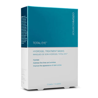 A blue and white box labeled "Colorescience, Total Eye Hydrogel Treatment Masks," containing 12 pairs