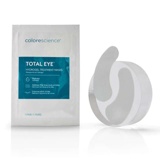 A white and blue package labeled "Colorescience, Total Eye Hydrogel Treatment Masks," with a close up view of the product