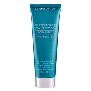 A blue tube labeled "Colorescience, Sunforgettable Total Protection - Body Shield Classic - Broad Spectrum SPF 50 Sunscreen," with a silver cap, containing 120 ml or 4 fl. oz. of product