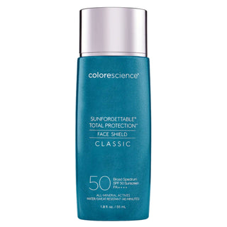 A blue tube labeled "Colorescience, Sunforgettable Total Protection - Face Shield Classic - Broad Spectrum SPF 50 Sunscreen," containing 55 ml or 1.8 fl. oz. of product