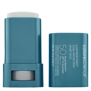 A blue stick tube labeled "Colorescience, Sunforgettable Total Protection - Sport Stick - Broad Spectrum SPF 50 Sunscreen PA++++," with a blue cap, containing 18 g or 0.63 oz. of product