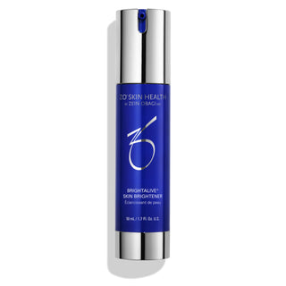 A blue pump bottle labeled "ZO Skin Health by Zein Obagi MD, Brightalive Skin Brightener," with a silver pump, containing 50 ml or 1.7 fl. oz. of product