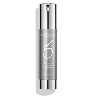 A silver pump bottle labeled "ZO Skin Health by Zein Obagi MD, Exfoliation Accelerator," with a silver pump cap, containing 50 ml or 1.7 fl. oz. of product