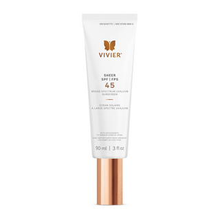 A white bottle labeled "VIVIER, Sheer SPF 45 Broad Spectrum UVA/UVB Sunscreen,” with a rose gold cap, containing 90 ml or 3 fl. oz. of product