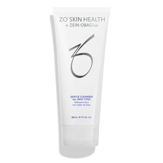 A white tube labeled "ZO Skin Health by Zein Obagi MD, Gentle Cleanser - All Skin Types," with a white cap, containing 200 ml or 6.7 fl. oz. of product