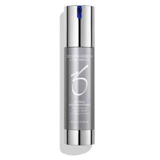 A silver bottle labeled "ZO Skin Health by Zein Obagi MD, Retinol Skin Brightener 0.5% Retinol," with a silver pump cap, containing 50 ml or 1.7 fl. oz. of product