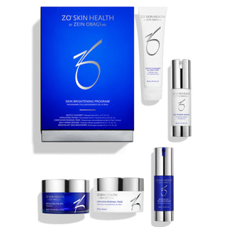 A collection of ZO Skin Health products including a Gentle Cleanser, Exfoliating Polish, Complexion Renewal Pads, Daily Power Defense, and Brightalive®, neatly arranged with a blue product box.