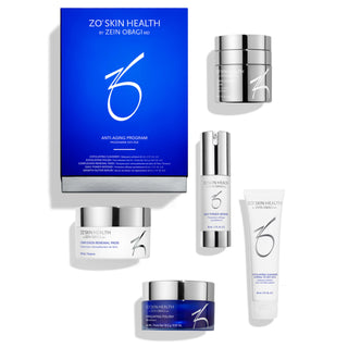 A collection of ZO Skin Health products including an Exfoliating Cleanser, Exfoliating Polish, Complexion Renewal Pads, Daily Power Defense, and Growth Factor Serum, neatly arranged with a blue product box.