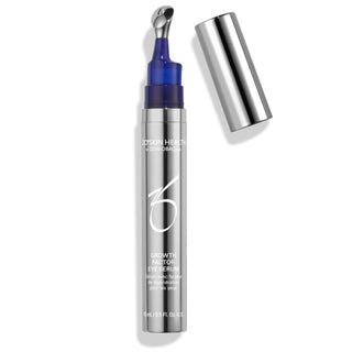 A silver tube labeled "ZO Skin Health by Zein Obagi MD, Growth Factor Eye Serum," with a silver roller and cap, containing 15 ml or 0.5 fl. oz. of product