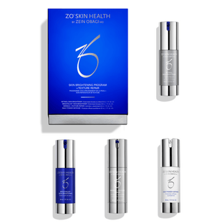 A collection of ZO Skin Health products including Retinol Skin Brightener 1%, Daily Power Defense, Wrinkle + Texture Repair, and Brightalive®, neatly arranged with a blue product box.