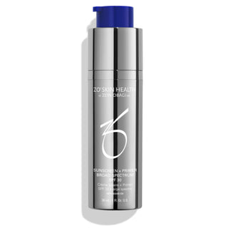 A silver bottle labeled "ZO Skin Health by Zein Obagi MD, Sunscreen + Primer Broad Spectrum SPF 30," with a blue pump, containing 30 ml or 1 fl. oz. of product