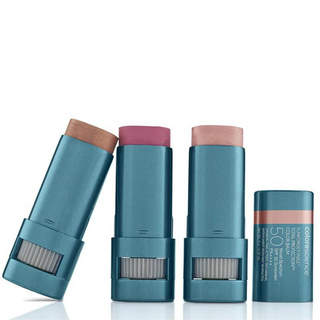 A blue product stick labeled "Colorescience, Sunforgettable Total Protection - Color Balm - Broad Spectrum SPF 50 Sunscreen PA++++," with a blue cap containing 0.32 fl. oz. / 9 grams of product