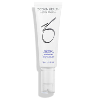 A white tube labeled "ZO Skin Health by Zein Obagi MD, Rozatrol - Treatment for red, sensitized skin," with a white pump cap, containing 50 ml or 1.7 fl. oz. of product