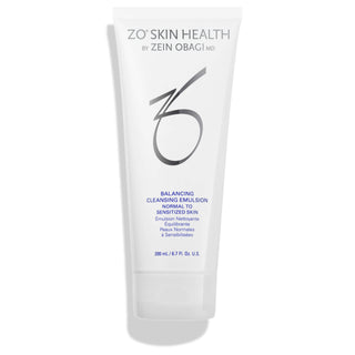 A white tube labeled "ZO Skin Health by Zein Obagi MD, Balancing Cleansing Emulsion - Normal to Sensitized Skin," with a silver white cap, containing 200 ml or 6.7 fl. oz. of product