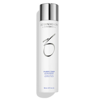 A white tube labeled "ZO Skin Health by Zein Obagi MD, Calming Toner pH Balancer," with a silver cap, containing 180 ml or 6 fl. oz. of product