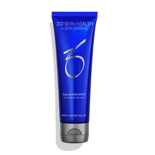 A blue tube labeled "ZO Skin Health by Zein Obagi MD, Dual Action Scrub," with a grey cap, containing 116g or 4 Oz of product