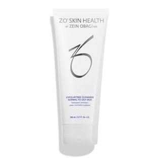 A white tube labeled "ZO Skin Health by Zein Obagi MD, Exfoliating Cleanser; Normal to Oily Skin," with a white cap, containing 200 ml or 6.7 fl. oz. of product