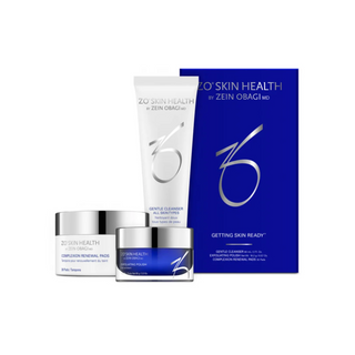 A collection of ZO Skin Health products including Complexion Renewal Pads, Exfoliating Polish, and a Gentle Cleanser, neatly arranged with a blue product box.