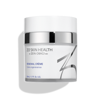 A white container labeled "ZO Skin Health by Zein Obagi MD, Renewal Creme," with a white and silver cap, containing 50 ml or 1.7 fl. oz. of product